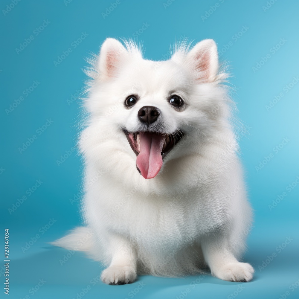 Portrait of cute dog isolated on blue background with copy space. Pet concept.