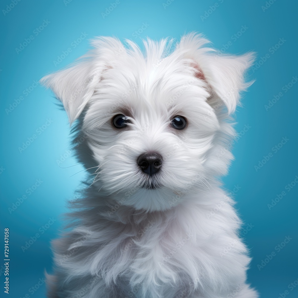 Portrait of cute dog isolated on blue background with copy space. Pet concept. Portrait of cute dog isolated on blue background with copy space. Pet concept.