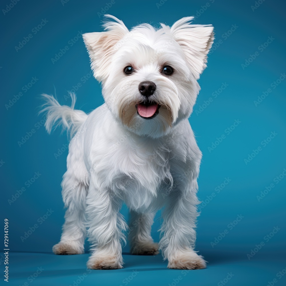 Portrait of cute dog isolated on blue background with copy space. Pet concept. Portrait of cute dog isolated on blue background with copy space. Pet concept.