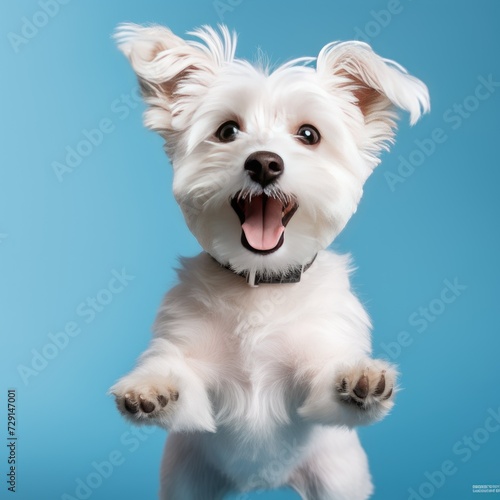 Portrait of cute dog isolated on blue background with copy space. Pet concept. © Евгений Кобзев