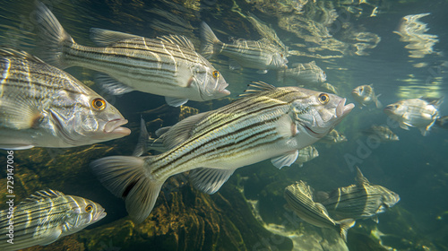 Underwater Serenity: School of Striped Bass Gliding through Sunlit Waters with Natural Aquatic Plants photo