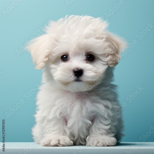 Portrait of cute dog isolated on blue background with copy space. Pet concept.