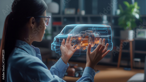Female engineer designs a car engine using augmented reality photo