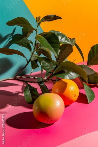 A colorful array of natural foods, including juicy oranges and tangy calamondins, rest beside a vibrant fruit tree branch, tempting us with the promise of a healthy diet photo
