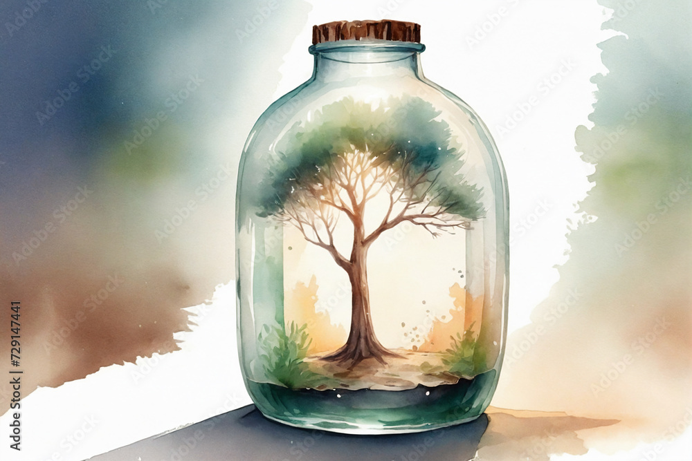 A tree inside a large transparent bottle, cinematic light, watercolor art illustration - Concept for preservation A tree inside a large transparent bottle, cinematic light, watercolor art illustration - Concept for preservation