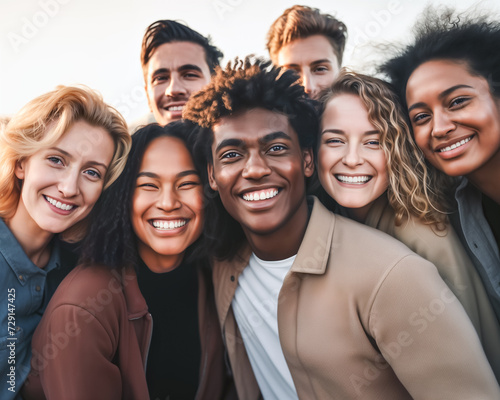 Diverse Group of Joyful Young Friends Huddled Together Outdoors