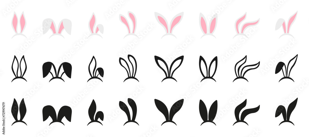 Bunny ears mask. Easter Rabbit ear spring hat. Easter Bunny ears kid headband. Bunny or Rabbit ears mask collection - obrazy, fototapety, plakaty 