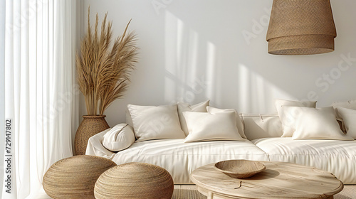 Elegant and modern living room interior with a cozy sofa  showcasing contemporary design and comfortable home decor
