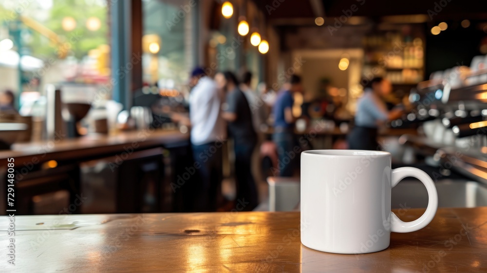 A white mug on a bar counter in a bustling city cafe, with baristas working in the background, mug mock-up 