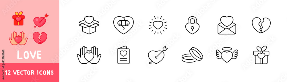 Love heart icon set. Linear style. Vector icons
