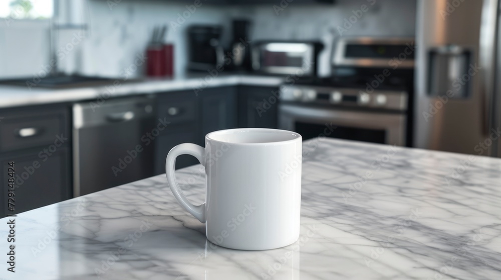 White Mug on Marble Countertop in Modern Kitchen White Mug on Marble Countertop in Modern Kitchen