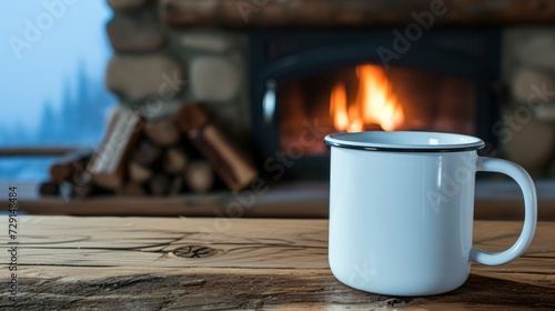 A white mug on a rustic wooden table in a cozy cabin, with a fireplace in the background, mug mock-up 