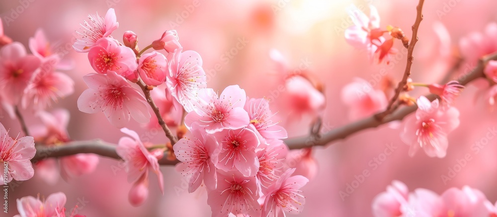 Pink sakura flowers blooming on a tree in shades of pink.