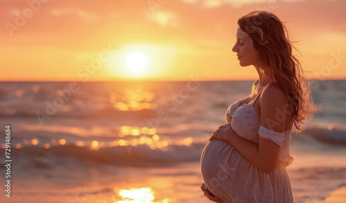 A pregnant woman in a delicate dress against the background of a sea sunset hugs her stomach. The beauty of motherhood © Юлия Падина