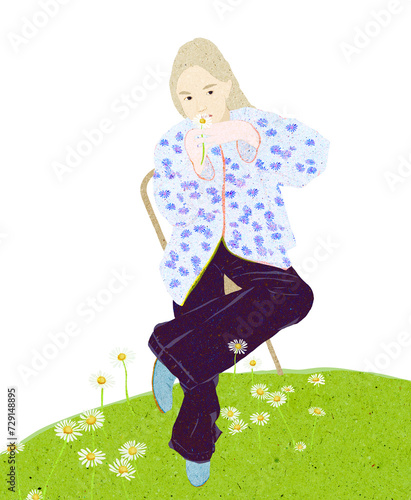 Ilustracja młoda kobieta siedząca na krześle na łące pełnej stokrotek białe tło.