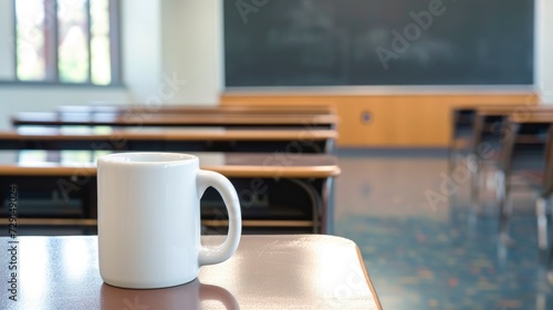 A white mug on a table in a classroom  with a chalkboard and desks in the background  mug mock-up 