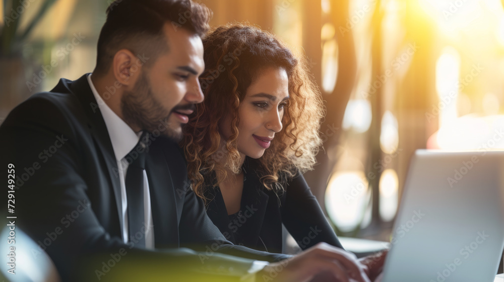 Two professionals are collaborating over a laptop in a well-lit office space. Two professionals are collaborating over a laptop in a well-lit office space.