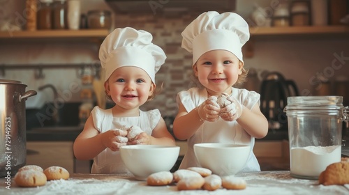 Happy family of funny kids baking delicious cookies in a cozy home kitchen full of laughter and joy