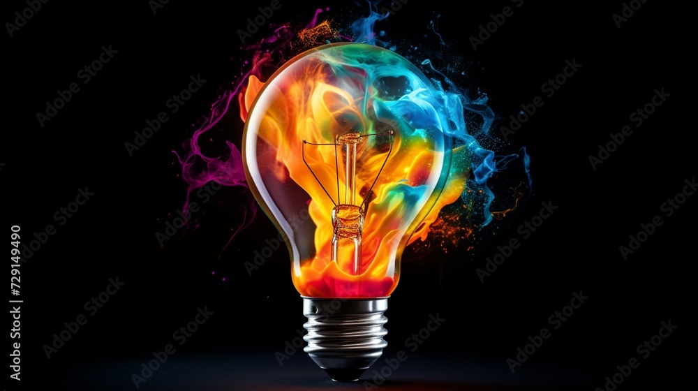 Creative light bulb explodes with colorful paint and splashes on a black background Creative light bulb explodes with colorful paint and splashes on a black background