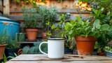A white mug on a table in a gardener’s shed, with plants and gardening, mug mock-up 