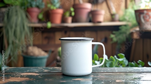 A white mug on a table in a gardener’s shed, with plants and gardening, mug mock-up 