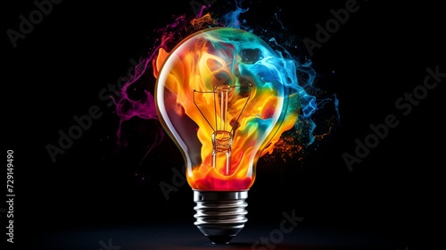 Creative light bulb explodes with colorful paint and splashes on a black background 