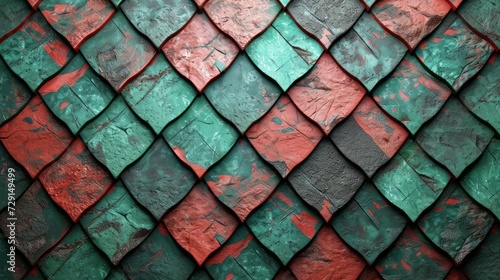 A vibrant textured pattern of alternating red and green diamond tiles in a distressed and weathered finish - ideal for backgrounds, wallpapers and abstract designs