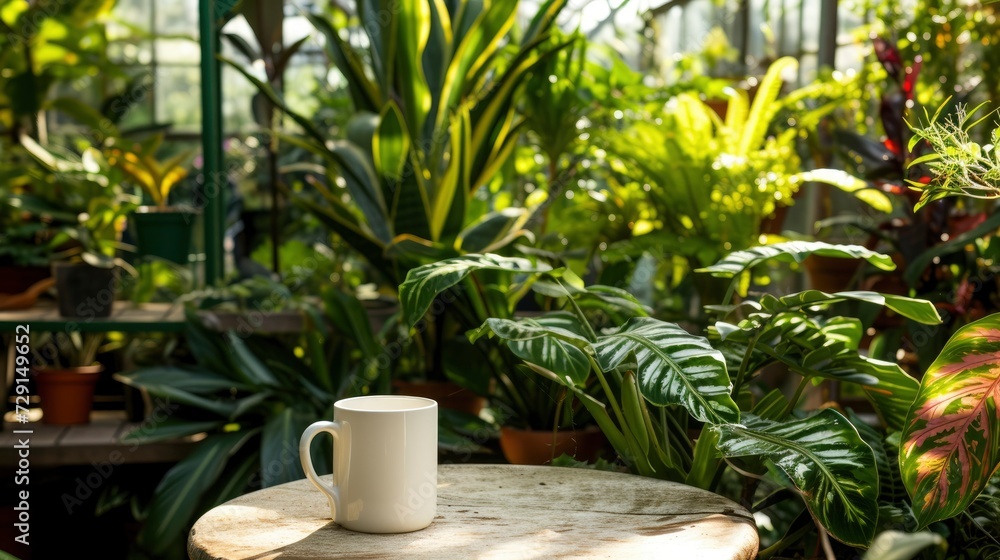 A white mug on a table in a greenhouse, surrounded by lush plants, mug mock-up 