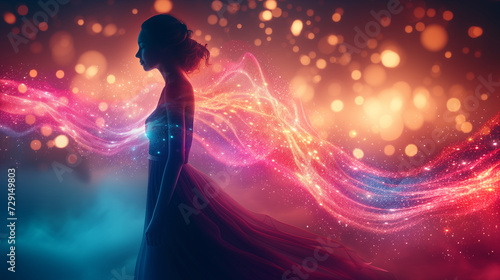 Creative graphics generative ai collage illustration of stunning gorgeous person in elegant neon light dress