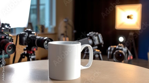 A white mug on a table in a photography studio  with cameras and lighting equipment around  mug mock-up 