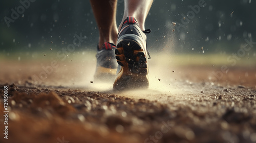 close up of foots of running athlete, running man foots, struggle in life or hard work for success concept photo photo