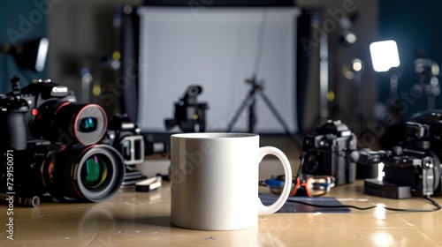 A white mug on a table in a photography studio  with cameras and lighting equipment around  mug mock-up 