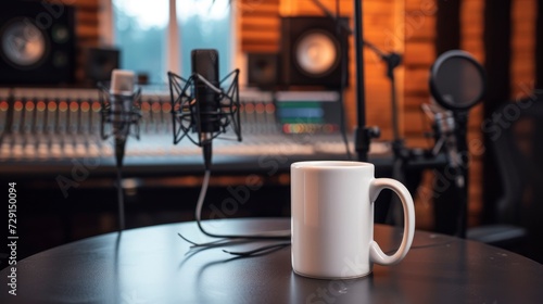A white mug on a table in a recording studio, with microphones and sound equipment around, mug mock-up  photo