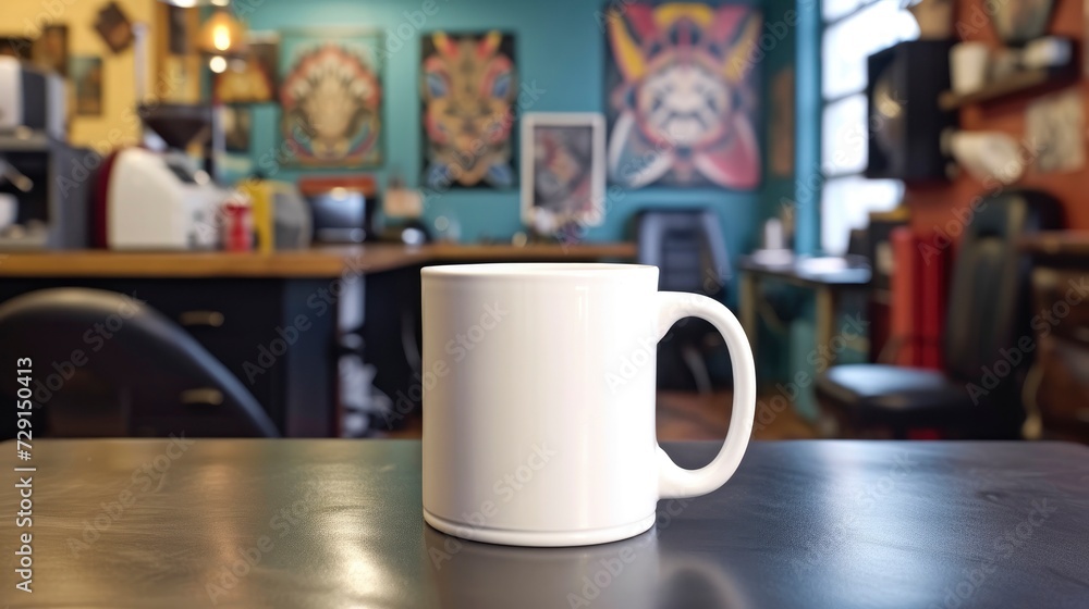 A white mug on a table in a tattoo parlor, with tattoo equipment and designs in the background, mug mock-up A white mug on a table in a tattoo parlor, with tattoo equipment and designs in the background, mug mock-up