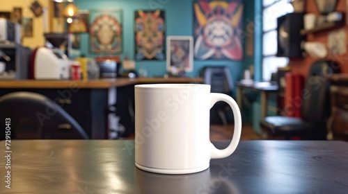 A white mug on a table in a tattoo parlor, with tattoo equipment and designs in the background, mug mock-up 