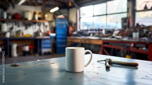 A white mug on a table in a vintage car repair shop, with tools and car parts around, mug mock-up 