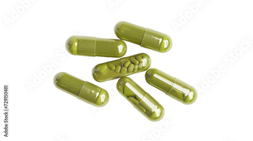 Top view of Herb capsules . Green pills