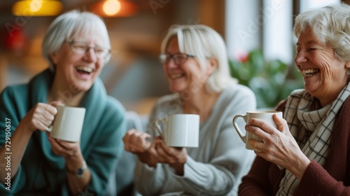 At a community center  a support group shares stories and laughter  each member holding a white mug of comforting herbal tea  mug mock up