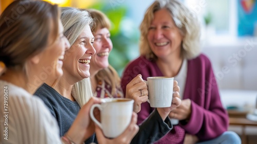 At a community center, a support group shares stories and laughter, each member holding a white mug of comforting herbal tea, mug mock up