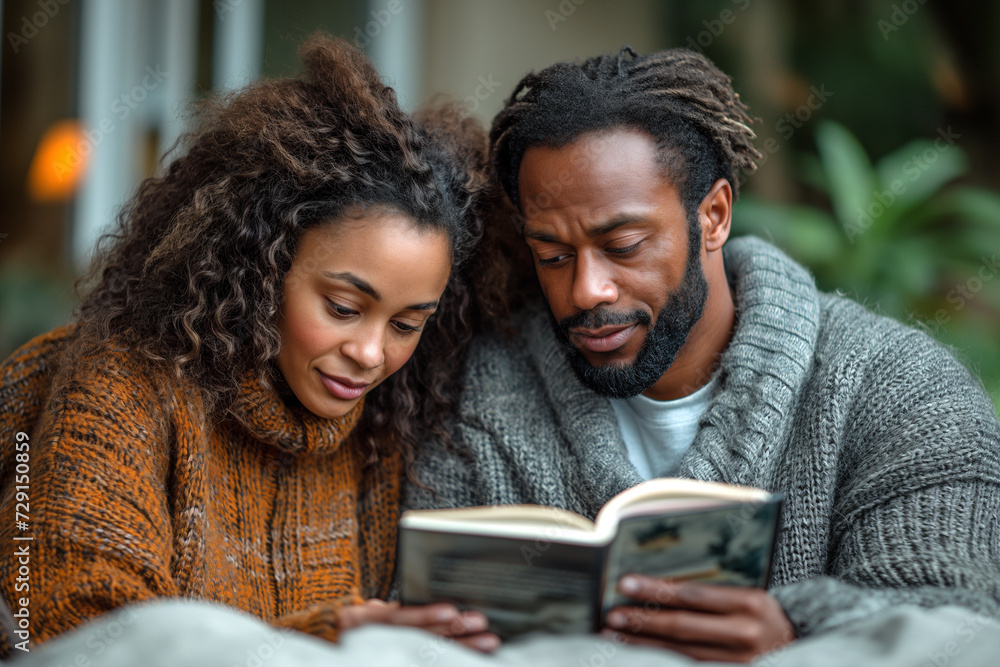 African American couple reading a book at home