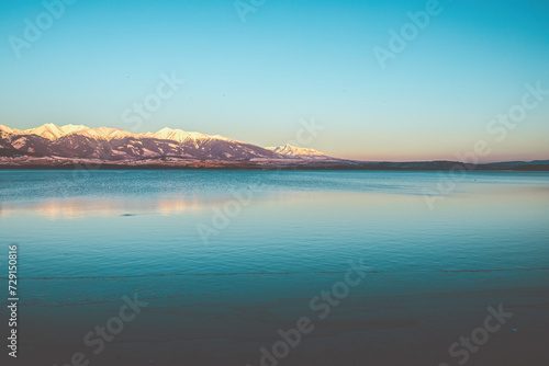 View of the mountains and lake in winter season.