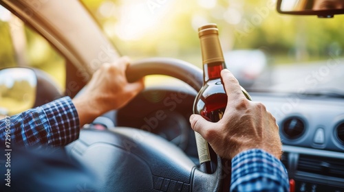 Reckless behavior  young man driving under the influence with wine bottle in hand photo