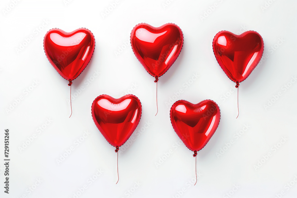 Five glossy red heart-shaped balloons on a white background. Suitable for Valentine's Day and Mother's Day decoration.