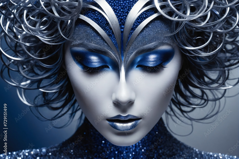 Abstract image of a person's consciousness, using a limited color palette of shades of silver and dark blue Abstract image of a person's consciousness, using a limited color palette of shades of silver and dark blue