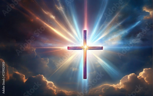 Divine Illumination: God's Light in Heaven, Symbolizing Spiritual Truth, Love, and Grace, Blessing the World with Cross-Shaped Beams of Heavenly Radiance © Tapos