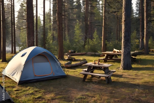 tourist tent outdoor camping on campground in forest. vacation, relaxation and adventure concept.