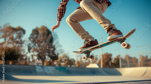 dynamic moment of a skateboarder performing a trick, with a focus on the skateboard and the person's feet against a clear blue sky.