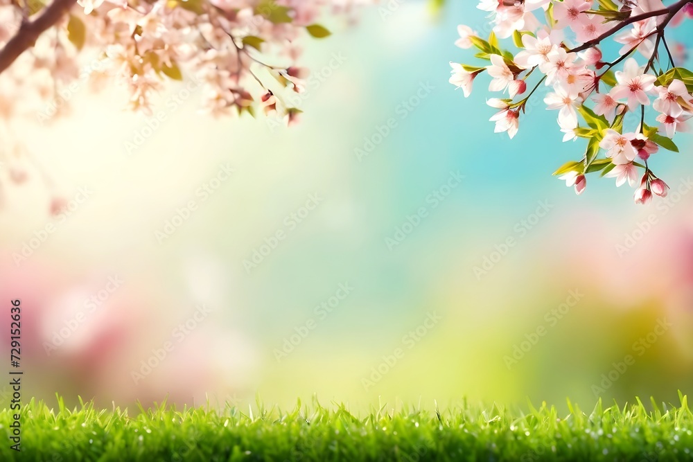 Nature Green Spring Banner with Flowers and Sunlight. Copy Space