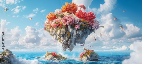 Enchanting aerial view of surreal floating islands with mystical flora and fauna