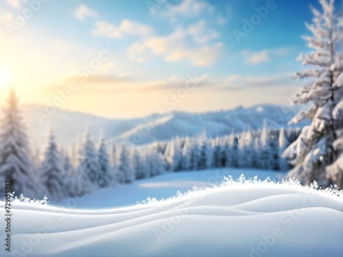 Christmas winter banner with snow and blurred bokeh background. christmas and happy new year greeting card,  copy space for decoration or text © pornpun